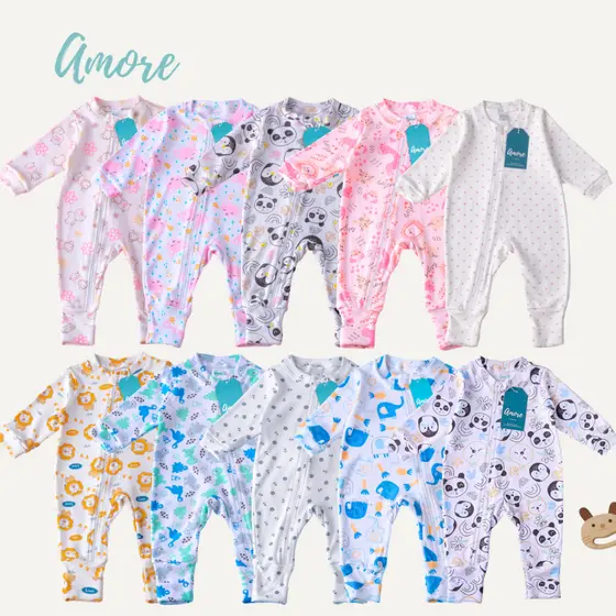 KIT 4 Macacões Bebê Amore Vira Pé com Ziper Sortidos Estampados 100% Algodão