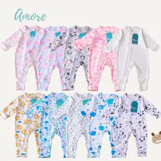 KIT 4 Macacões Bebê Amore Vira Pé com Ziper Sortidos Estampados 100% Algodão
