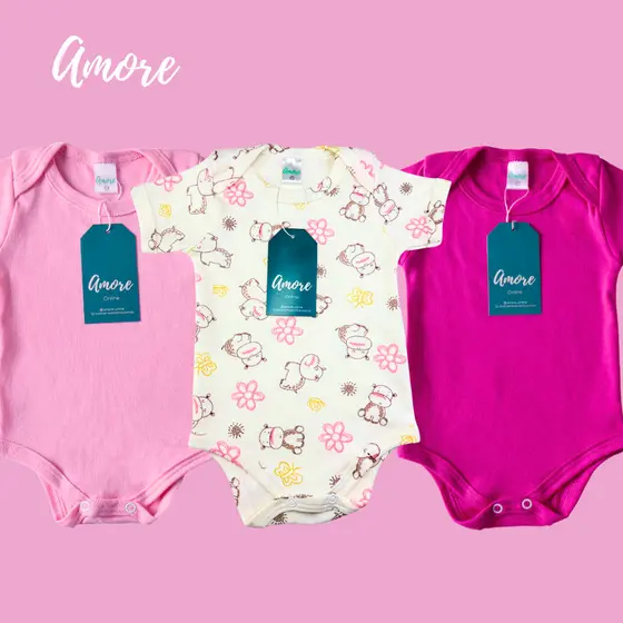 3 Bodys Manga Curta Amore Menina - Suedine 100% Algodão
