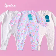 Kit 3 Macacão Menina Amore Vira Pé Floral Recem Nascido a 12 Meses 100% Algodão