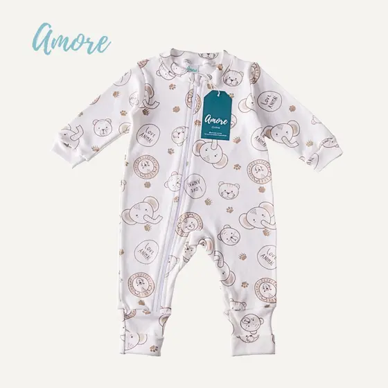 Macacão de Bebê Amore Vira Pé Amiguinhos Com Zíper 100% Algodão
