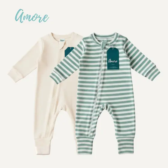 Kit 2 Macacão longo para Bebê Amore Listrado Verde Água e Bege 100% Algodão