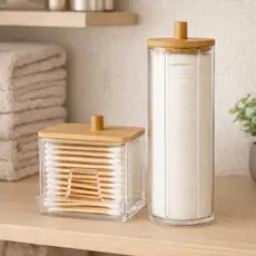 Organizador Disco Algodão E Porta Cotonetes Acrílico Tampa Bambu Kit Com 1/2 e 3