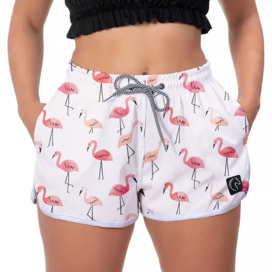 Short Feminino Moda Praia Premium Estilo Casual Soltinho Com Bolsos e Secagem Rápida Flamingos Rosa