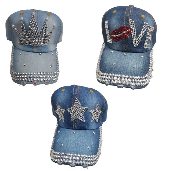 Kit 2 Peças Bone Jeans Brilho Strass Aba Curva Desenho Chapeu Moda Atacado e Varejo