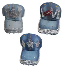 Kit 2 Peças Bone Jeans Brilho Strass Aba Curva Desenho Chapeu Moda Atacado e Varejo