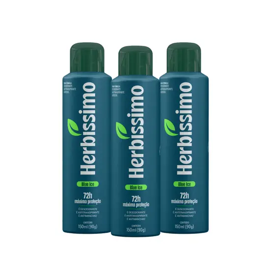 Kit Desodorante Antitranspirante Aerossol Herbíssimo Blue Ice 150ml (3 unidades)