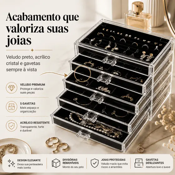 Organizador Porta Joias e Maquiagem com 5 Gavetas e divisórias com veludo