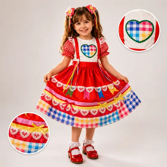 Vestido Festa Junina Infantil Coração Caipira Quadrilha São João Julina