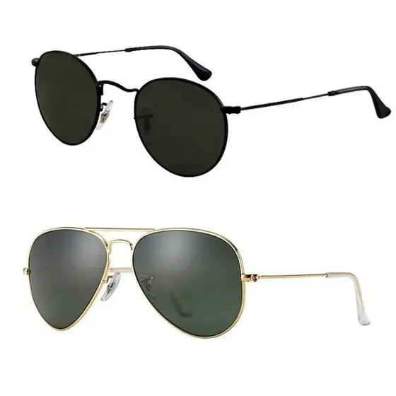 Kit Combo 2 Óculos De Sol Aviador + Round Proteção UV400 Lentes de Cristal Unissex Moda Casual Esportivo Moderno Barato