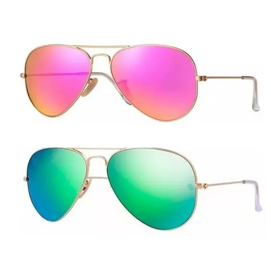 Kit 2 Óculos De Sol Aviador Dourado Rosa Espelhado E Dourado Verde Espelhado Lentes De Cristal UV400 Esportivo