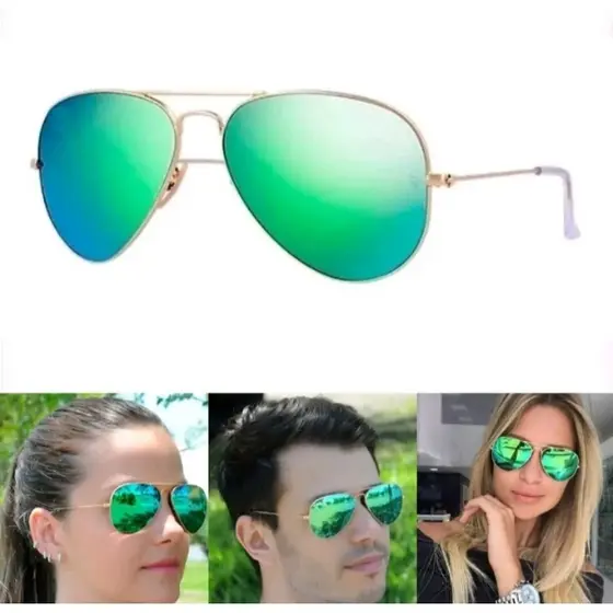 Óculos De Sol Aviador Verde Espelhado Unissex Lente De Cristal Armação Metal UV400 Resistente