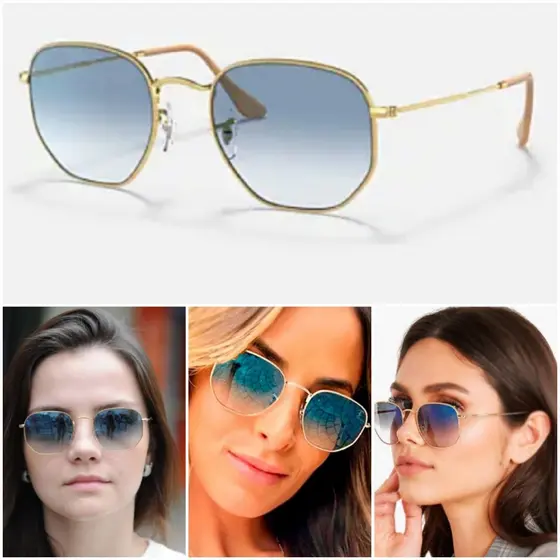 Óculos De Sol Hexagonal Azul Degrade Unissex Lentes De Cristal Armação De Metal Proteção UV400 Moda