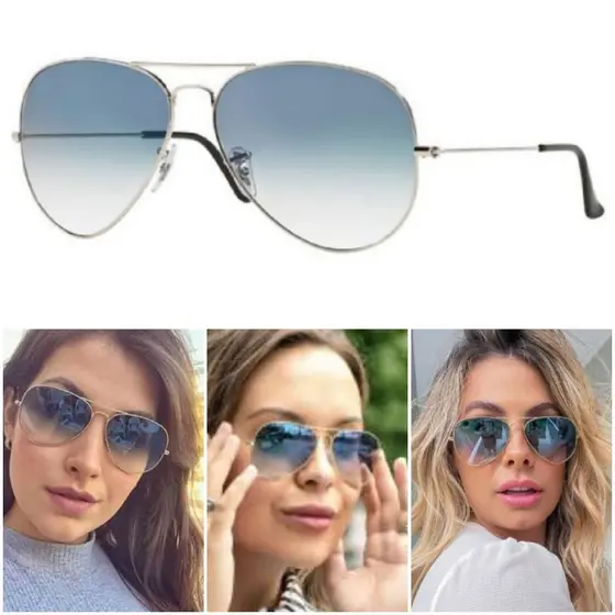 Óculos De Sol Aviador Prata Azul Degrade Unissex Armação Metal Lentes Vidro Proteção UV400 Elegante