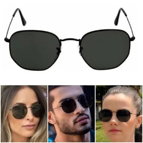 Óculos De Sol Hexagonal Preto Clássico Unissex Lentes Cristal Armação Metal Proteção UV400 Resistente