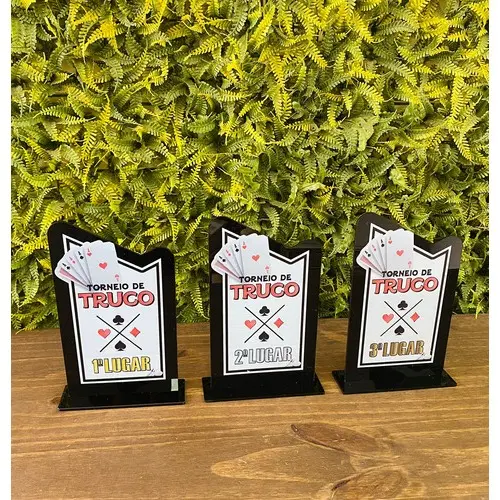 Kit 3 Troféu Truco Acrílico Preto 10x18cm 1º, 2º E 3º Lugar