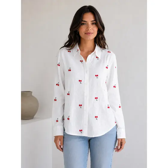 Camisa Feminina Manga Longa Branca em Linho com Bordado, Estilo Casual Fofo para Primavera e Ver茫o