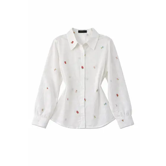 Camisa Feminina Manga Longa Branca em Linho Estampada florzinhas coloridas Estilo Casual Fofo Primavera Verão