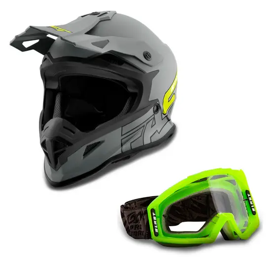 Kit Capacete Motocross Pro Tork Fast 788 Grey Fosco + Óculos Blast Preto - Verde
