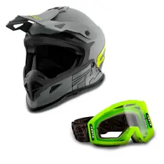 Kit Capacete Motocross Pro Tork Fast 788 Grey Fosco + Óculos Blast Preto - Verde