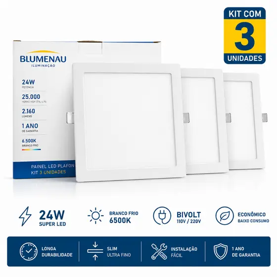 Painel Luminaria Plafon 24W Quadrado de Embutir/Sobrepor Branco Frio 6500k Bivolt Economico