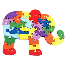 Quebra-cabeça Madeira Infantil Educativo Montessori Animal Elefante Com 26 Peças do Alfabeto