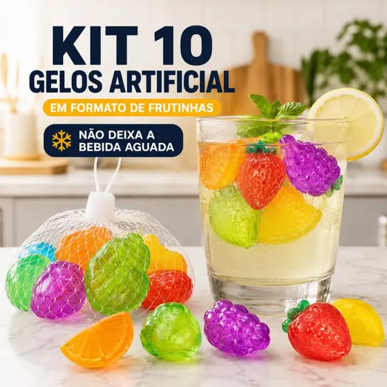 10 Gelo Artificial Frutinha Forma Fruta Cubo Drink Whisky Bebidas Refrigerante Reutilizável BPA Free
