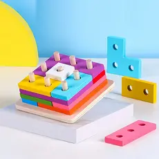 Brinquedo Pedagógico Montessori Encaixe Divertido Formas Mdf Tetris Encaixes Colunas Cores e Formas