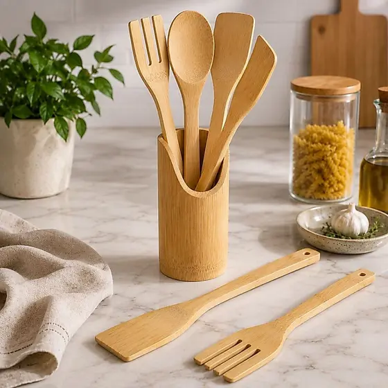 Conjunto Utensílios Madeira Bambu Espátula Colher Cozinha Culinária Porta Talheres Servir Preparar