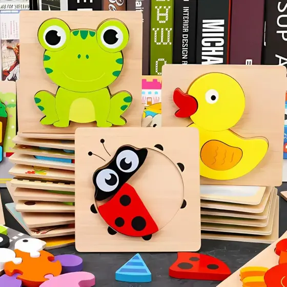 Quebra Cabeça Madeira Animais e Formas Personagens Brinquedo Infantil Educativo Sensorial Montessori