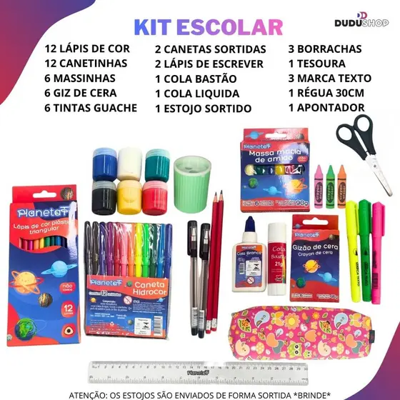 Kit Escolar Completo Menina e Menino 58pcs Papelaria Escolar Estojo Lápis de Cor Caneta Marca Texto