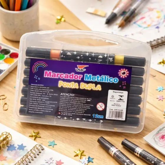 Caneta Marcador Metálico Glitter 24 Cores Grande Pincel Brush Pen Pintar Escolar Artesanato Glitter