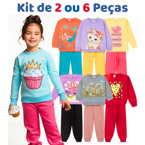 kit de 2 ou 6 Peças Moletom Infantil Menina Conjunto Feminino Outono Inverno