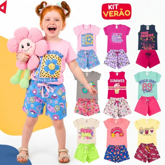 Kit 10 Peças Roupa Verão Infantil Menina Algodão Conjunto Verão Camiseta e Short do 1 ao 14