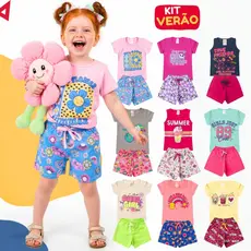 Kit 10 Peças Roupa Verão Infantil Menina Algodão Conjunto Verão Camiseta e Short do 1 ao 14