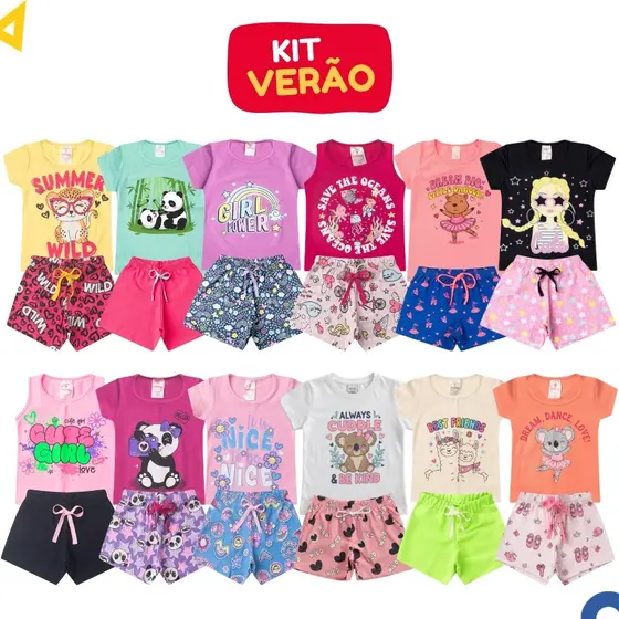 Kit Sortido 10 Peças Roupa Infantil Menina Conjunto Feminino Verão Algodão 5 Blusas + 5 Shorts do 1 ao 14