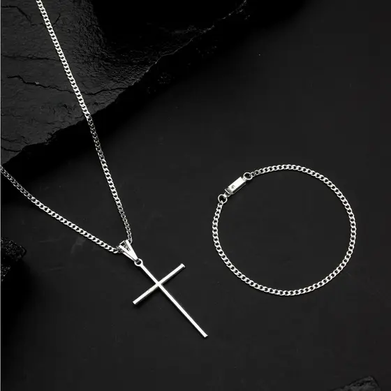 Correntinha Cordão Masculino 2,4mm + Pulseira E Pingente Cruz Banhado A Prata 925