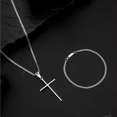 Correntinha Cordão Masculino 2,4mm + Pulseira E Pingente Cruz Banhado A Prata 925