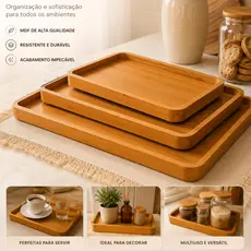 Kit 3 Bandejas Retangulares MDF Decorativas Pequena Média Grande Organização e Decoração - Casita
