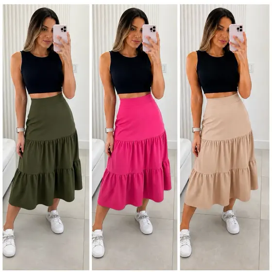 Saia Midi Babado Xadrez e Liso Crepinho Confortavel e Elegante