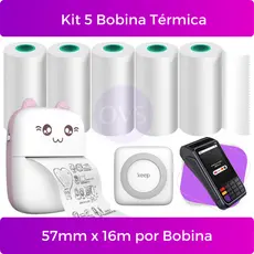 Kit 5 Bobina Etiqueta Termica Não Adesiva 57mm x 16m Branco Para Mini Impressora Portátil