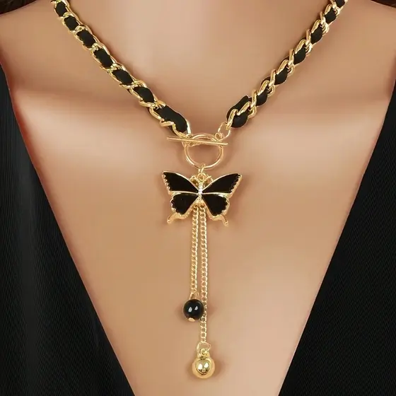 Colar Com Pingente De Corrente Preta Para Mulheres , Gargantilha Estilo Elegante Boêmio Borla , Joias De Clavícula