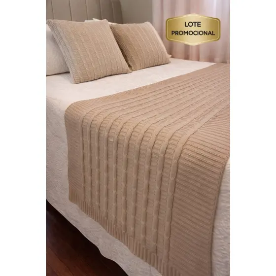 Kit Manta Peseira Trico Trança + 2 Capas Almofadas Cama Posta Solteiro Sofá Casal Queen King