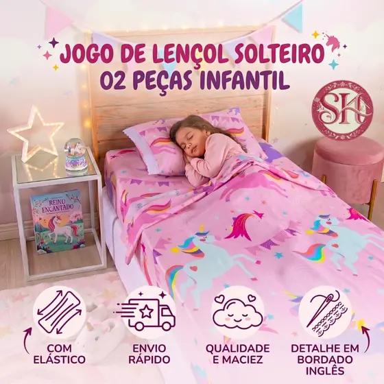 Jogo Lençol Cama Solteiro 2 Peças Microfibra Estampado Infantil Elástico Dinossauro Princesa