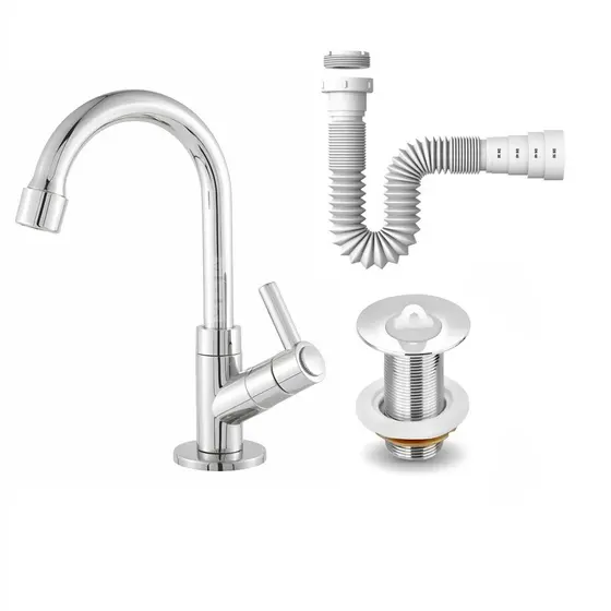 Kit Torneira Tubo Inox Válvula Lavatório ABS Cromada 7/8 Sifão Universal