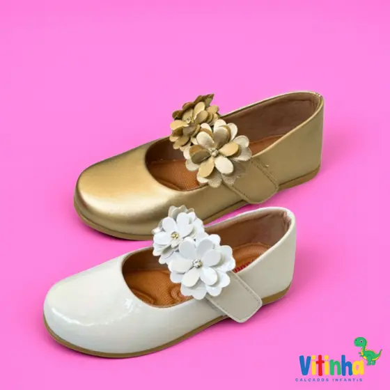 Sapatilha Infantil Feminina Menina Moda Barato Brancoe Dourado de Flores