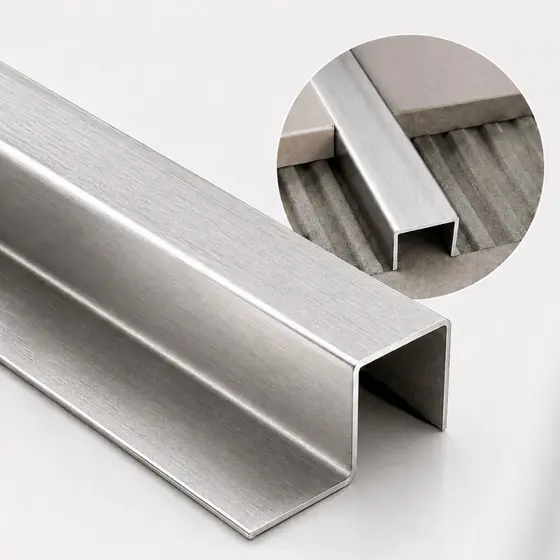 Perfil Filete P em Aço Inox brilhante para Acabamento, Transição e Divisor de Pisos e Portas