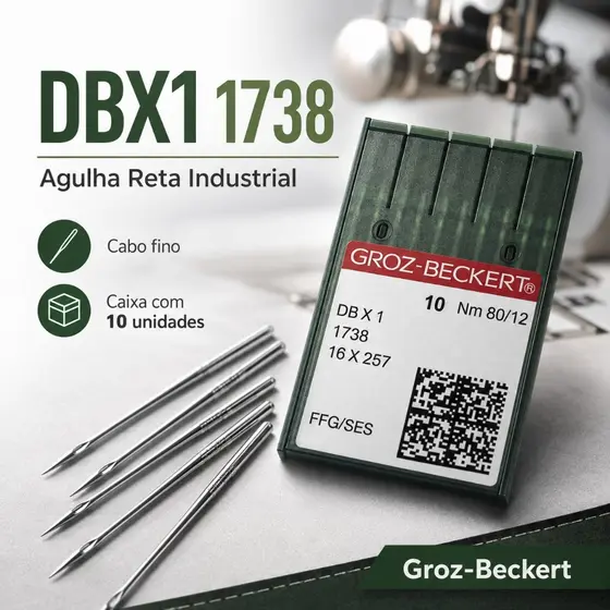 Agulha para máquina de costura Reta Industrial DBX1 1738 cabo fino caixa com 10 uni. - Groz Beckert