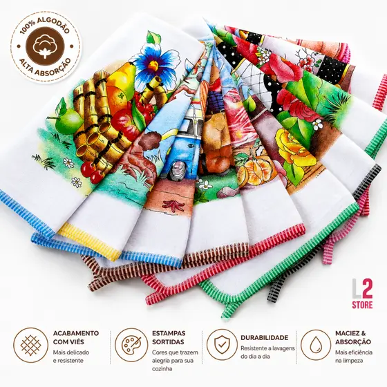Kit 10 Panos De Prato Com Viés Estampado