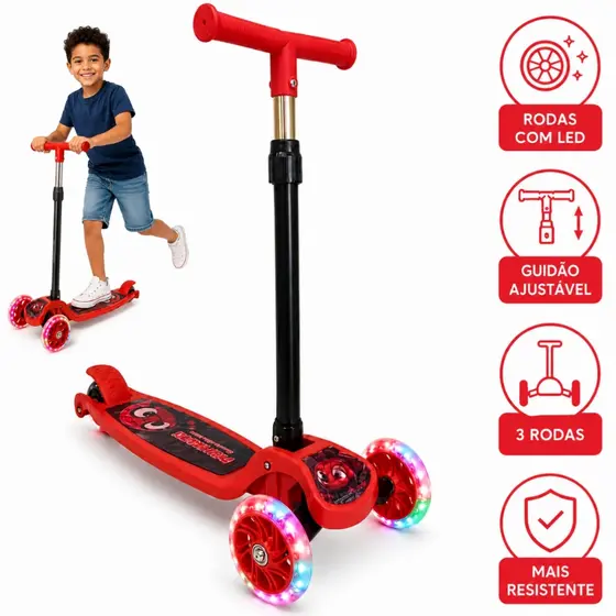 Patinete Infantil 3 Rodas Menina Menino LED Freio Guidão Ajustável Pequeno
